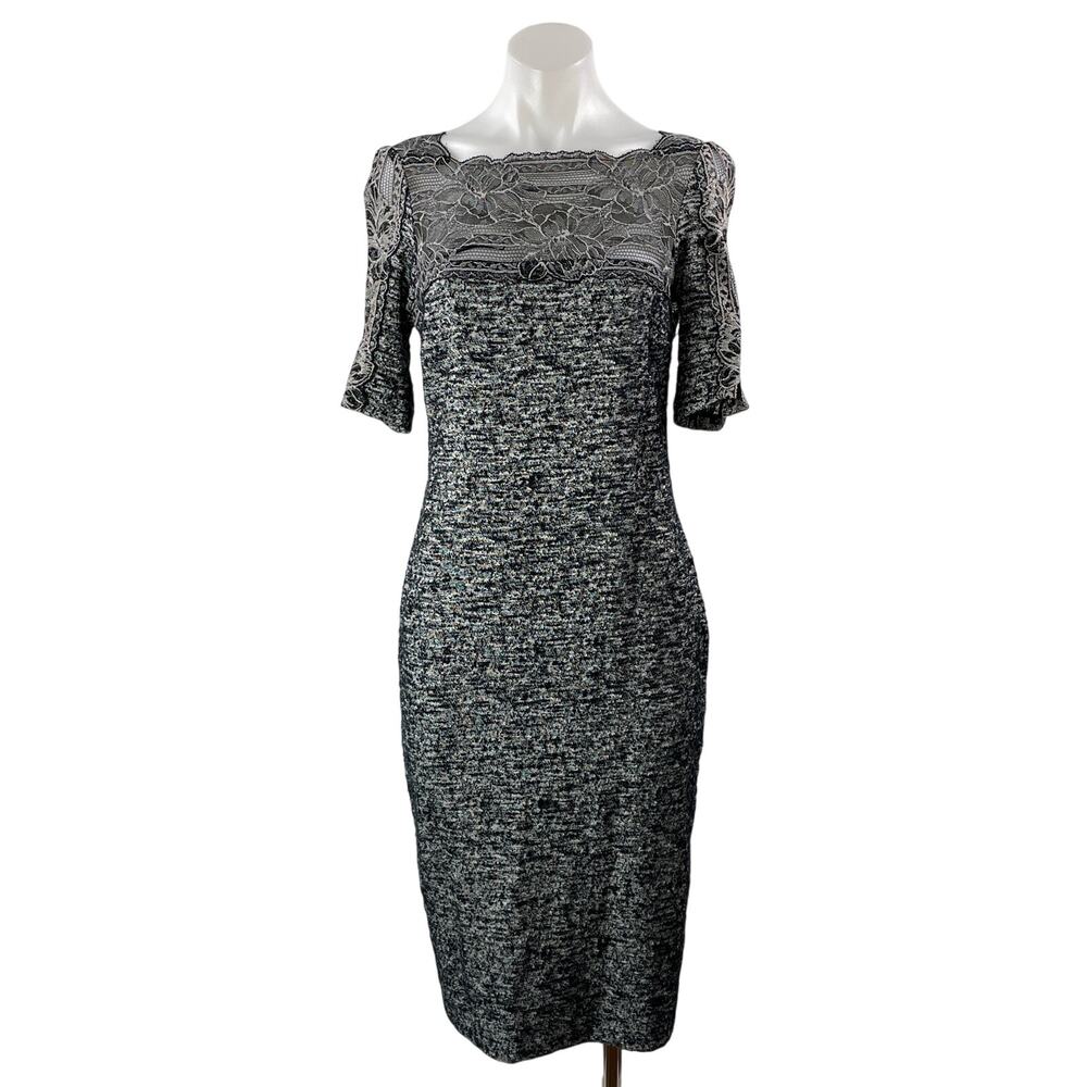 Teri Jon by Rickie Freeman Gray Short Sleeves Lace Tweed Midi Sheath Dress Sz 8
